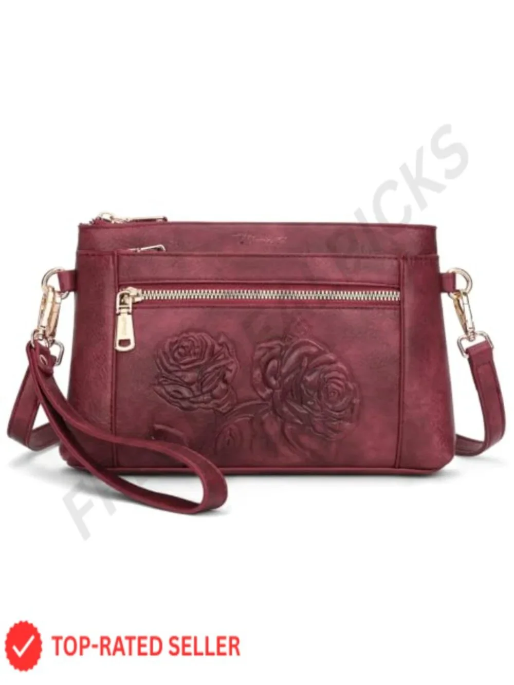 Floral Embossed Vegan Leather Small Crossbody Purse with Adjustable Strap